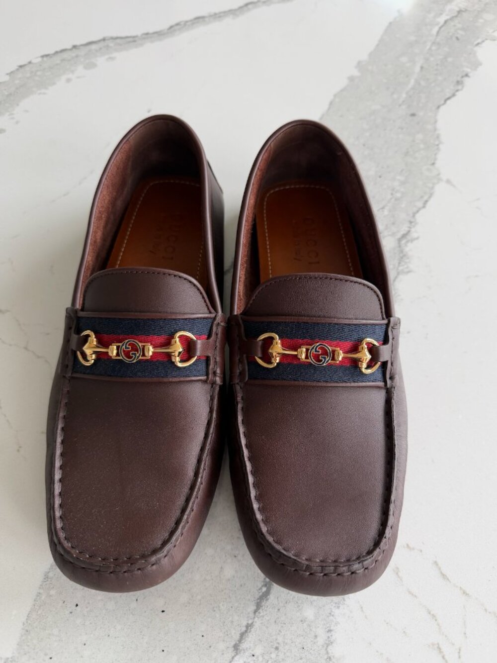 Gucci Men's Brown Leather Web Horsebit Slip On Loafers Size 8